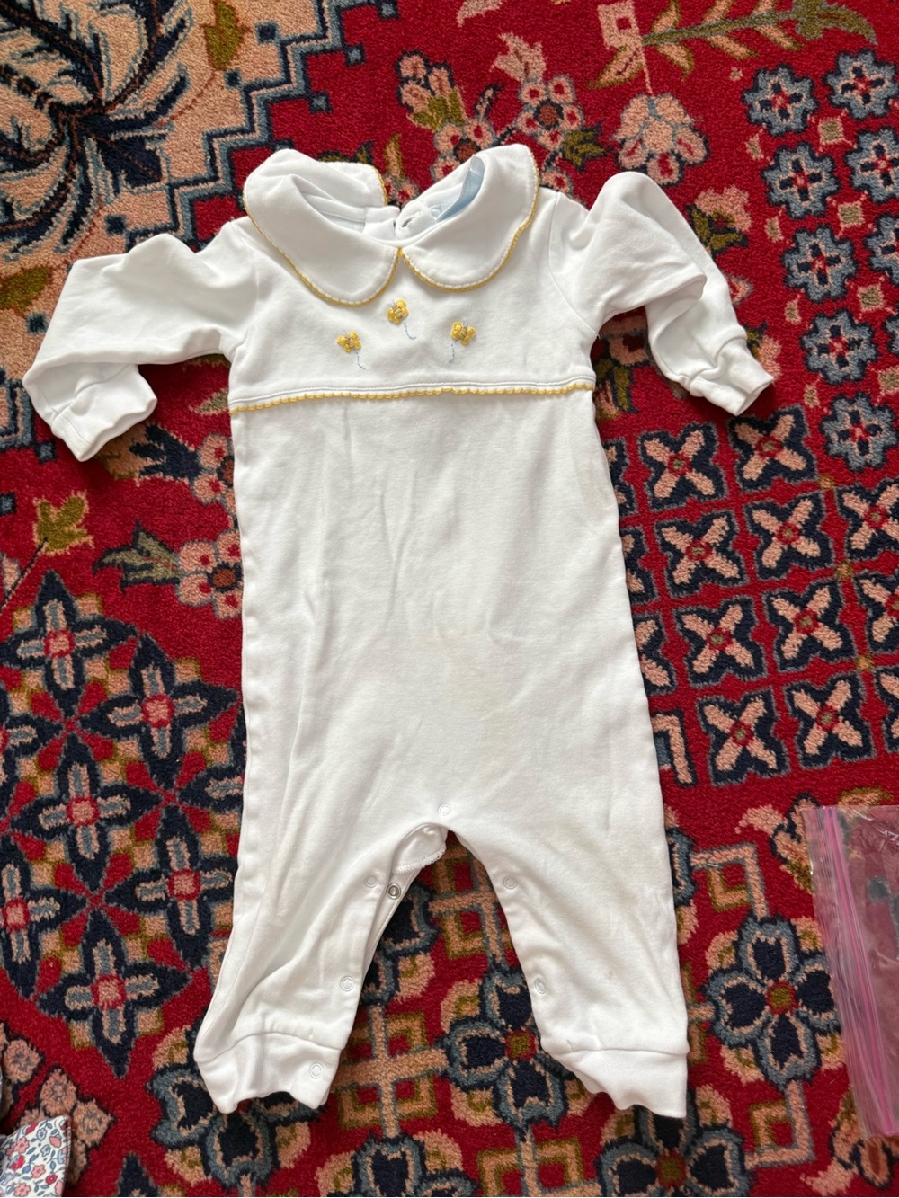 Little English White Footie with Yellow Trim and Flower Embroidery
